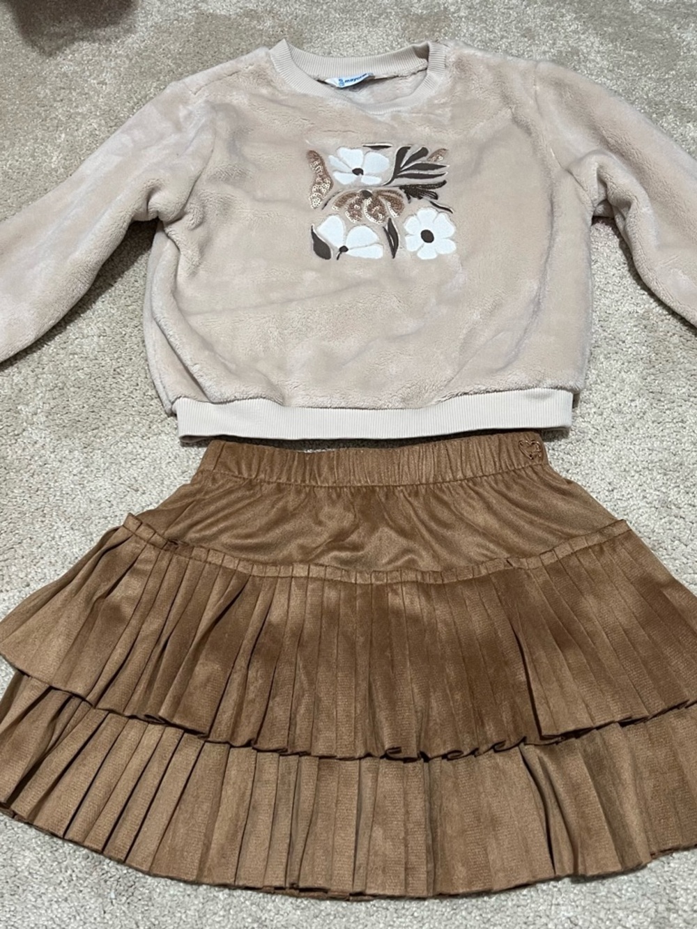 Girls Floral Embroidered Fleece Sweatshirt with Brown Pleated Skirt